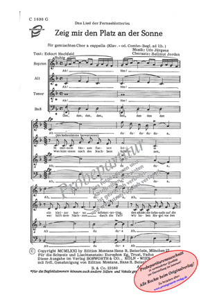 Zeig mir den Platz an der Sonne für Männerchor ✓ (Lied der Fernsehlotterie) ♬ Singpartitur: 1,70 € | Klavierpartitur: 4,00 € Chornoten: Zeig mir den Platz an der Sonne