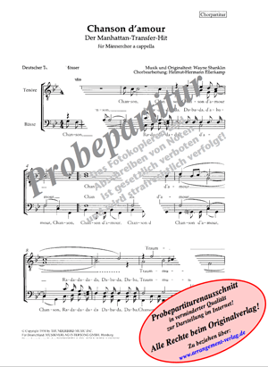 Chanson d amour für Männerchor ✓ ♬ Singpartitur: 1,70 € | Klavierpartitur: 0,00 € Chornoten: Chanson d amour
