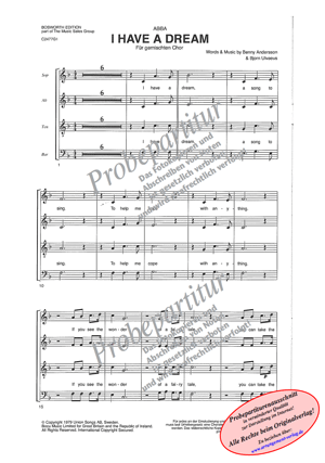 I have a dream für Frauenchor ✓ mit englischem Text ♬ Komponist: Andersson/Ulvaeus. ✓ Jetzt online verfügbar: Hörprobe und Probepartitur zum Download. Preis je Singpartitur: 1,85 € | Preis der Klavierpartitur: 5,90 €. Jetzt im Shop erhältlich Chornoten: I have a dream