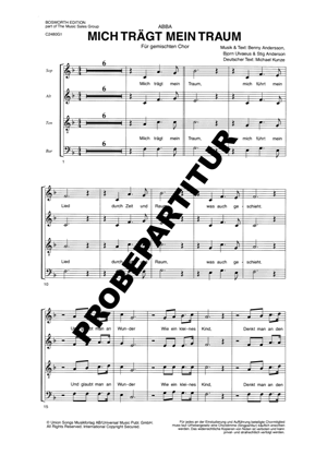 Mich trägt mein Traum für gemischten Chor ✓ Der Hit von Abba mit deutschem Text ♬ Komponist: Andersson/Ulvaeus. ✓ Jetzt online verfügbar: Hörprobe und Probepartitur zum Download. Preis je Singpartitur: 1,85 € | Preis der Klavierpartitur: 5,90 €. Jetzt im Shop erhältlich Chornoten: Mich trägt mein Traum
