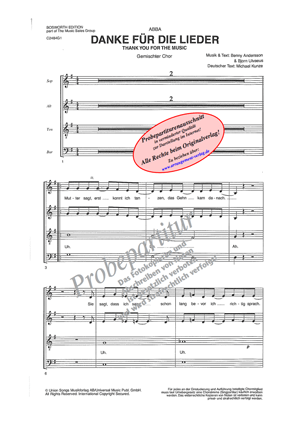 Danke für die Lieder für Männerchor ✓ Der bekannte Hit von Abba mit deutschem Text ♬ Komponist: Andersson/Ulvaeus. ✓ Jetzt online verfügbar: Hörprobe und Probepartitur zum Download. Preis je Singpartitur: 1,80 € | Preis der Klavierpartitur: 5,40 €. Jetzt im Shop erhältlich Chornoten: Danke für die Lieder