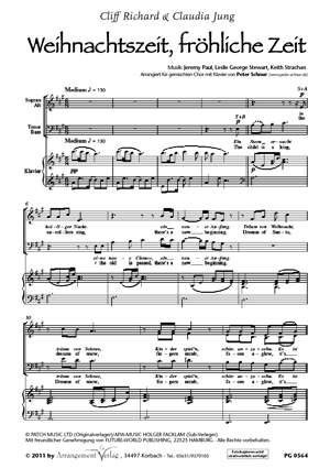 Weihnachtszeit, fröhliche Zeit für Frauenchor ✓ Weihnachtslied mit deutschem und englischem Text von Claudia Jung und Cliff Richard ♬ Komponist: Paul/Stewart/Strachan, Bearb. P. Schnur. ✓ Jetzt online verfügbar: Hörprobe und Probepartitur zum Download. Preis je Singpartitur: 2,50 € | Preis der Klavierpartitur: 7,50 €. Jetzt im Shop erhältlich Chornoten: Weihnachtszeit, fröhliche Zeit
