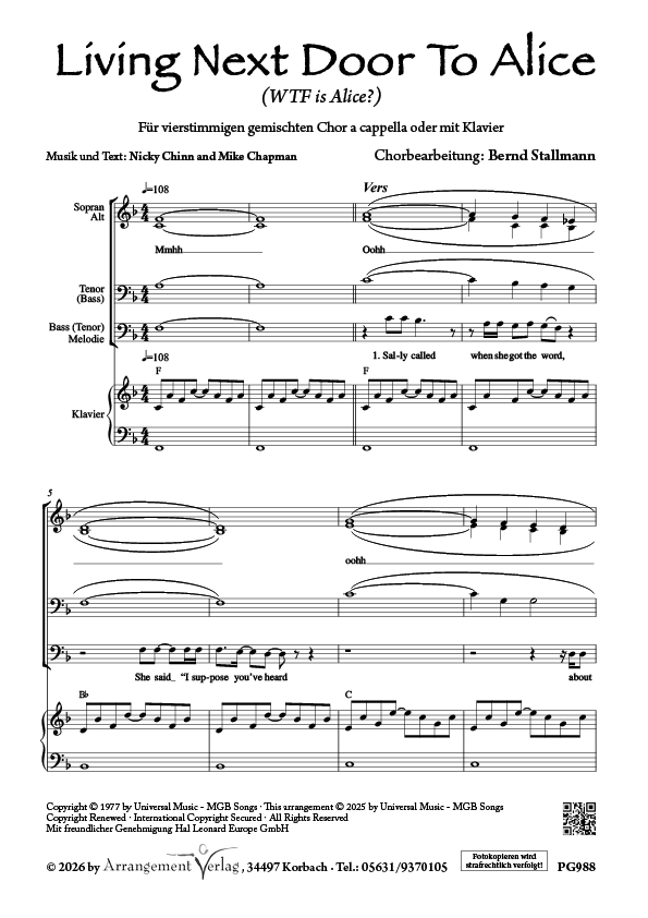 Chornoten für Männerchor: Living next door to Alice (WTF is Alice?)
